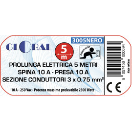 PROLUNGA 5m SPINA 10A PRESA 10A SEZIONE 3x0,75mm NERA