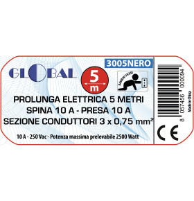 PROLUNGA 5m SPINA 10A PRESA 10A SEZIONE 3x0,75mm NERA